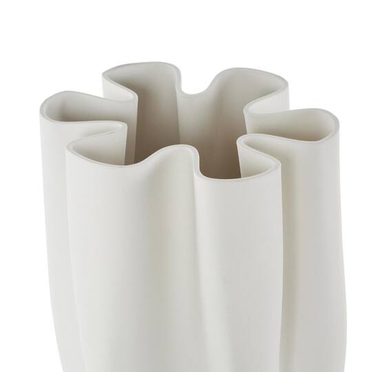 White Ceramic Abstract Ribbed Dimensional Folded Vase with Floral Shaped Rim